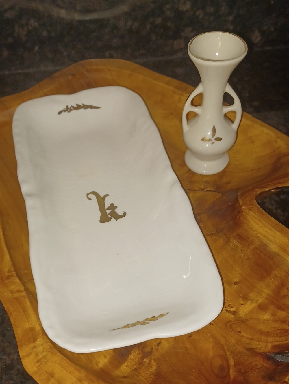 Vintage Hand-Painted Monogram K Vanity Dresser Tray & Openwork Vase Set SEE PICS